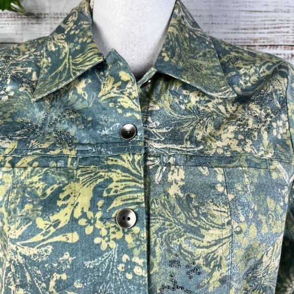 Susan Bristol Jacket size Small Gray Green Floral Beads Pockets Casual Trucker - Picture 9 of 16